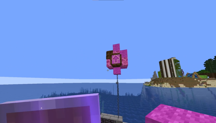 a pink balloon at the start of the bridge from spawn island